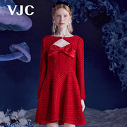 VJC/威杰思秋冬女装复古提花镂空领连衣裙红色气质高腰裙