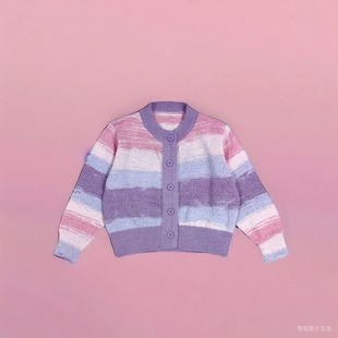 2024春款女童宽松款纯棉线，紫粉拼色彩虹，条纹短款毛衣针织开衫