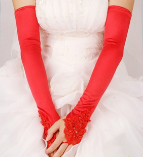 新娘加长手套配婚纱礼服袖套，白色绣花红色，勾指长款晚装旗袍低价