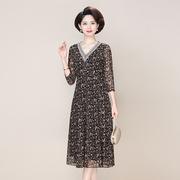 妈妈连衣裙夏季洋气高贵夫人中老年女装品牌台湾纱短袖裙子