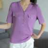 花町侬同款2023夏季紫罗兰法式V领针织开衫T恤