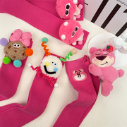 草莓熊袜子(熊袜子)女童，粉色多巴胺玫红色中筒袜，可爱搞怪玩偶袜童袜小腿袜