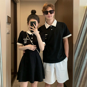小众设计感情侣装夏季韩版polo短袖T恤女连衣裙法式一裙一衣ins潮