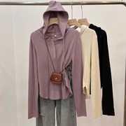 韩版香芋紫连帽套头T恤打底衫女秋冬弧形下摆半开领显瘦长袖上衣
