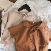 儿童森系棉麻纯色衬衫韩国童装，学院风小清新翻领，短袖娃娃衫