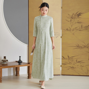 森莲复古新中式改良旗袍，连衣裙仙气盘扣高级绿色，禅意茶服女夏季