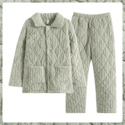 「超厚」保暖睡衣男士冬季三层加厚夹棉珊瑚绒棉袄淡绿条纹家居服
