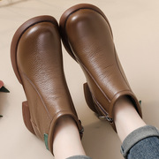 头层牛皮马丁靴秋季平跟厚底短靴粗跟真皮靴子女冬季妈妈鞋子