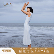 ovv春夏女装v领清爽蓝白竖条纹，a字无袖针织连衣裙