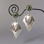 波西米亚925纯银耳钉，民族风复古气质个性绿宝石长款耳环女式
