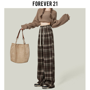 Forever 21美拉德加绒格子裤女秋冬复古高腰慵懒休闲窄版直筒裤子