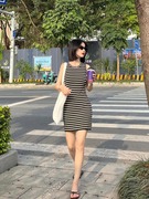 网红时尚穿搭女2024夏季韩系设计感修身显瘦条纹无袖背心连衣短裙