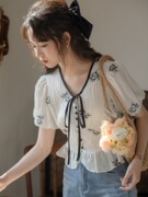 2024夏季韩版泡泡袖雪纺上衣设计感V领黑玫瑰提花短袖衬衫女