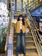 日系慵懒风复古橘黄色毛衣，针织开衫2023秋冬季小个子短款外套