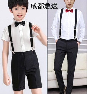 儿童背带白衬衫表演出可调节弹力背带黑色，红色领结夹裤背带统一