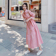 粉色长袖连衣裙女2024春秋季法式温柔风收腰显瘦中长款衬衫裙