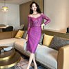 法式设计感紫色，长袖连衣裙女秋修身显瘦名媛，气质短裙子