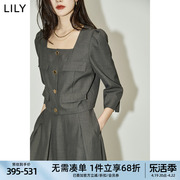 LILY2024夏女装复古小香风休闲设计感都市通勤款泡泡袖短外套