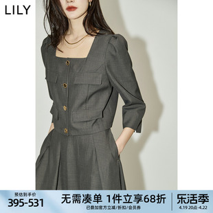 lily2024夏女装(夏女装，)复古小香风休闲设计感都市，通勤款泡泡袖短外套