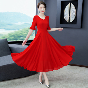 大红色短袖雪纺连衣裙，长款2024年春夏收，腰显瘦跳广场舞长裙子