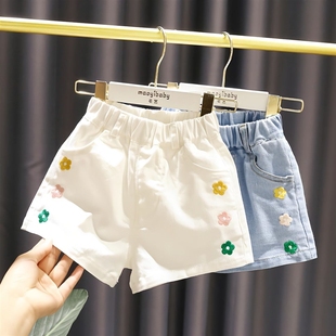女童短裤2023刺绣小花白色牛仔，短裤女童夏季女婴儿童可爱水洗热裤