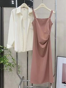 套装女夏季韩版时尚，背后开叉防晒衬衫搭配休闲吊带长裙气质连衣裙
