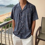 夏季藏蓝色古巴领衬衫男薄款夏威夷花衬衫衬衣，高级感巴五分袖