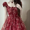 法式红色网纱碎花连衣裙，女2024夏季小个子泡袖蓬蓬，公主小礼裙短裙