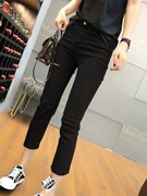 韩国女装春夏黑色直筒，九分烟管牛仔裤，小个子大码七分弹力破洞胯裤