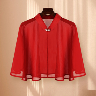 红色雪纺披肩女士春夏时尚设计防晒多功能搭配裙子圆领斗篷小开衫