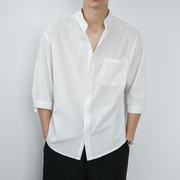 夏季亚麻短袖t恤男士，中国风7七分袖纯棉衬衫，男装夏装立领棉麻上衣