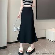 韩国2024春季黑色西装半身裙，女高级感荷叶，边鱼尾裙高腰包臀裙