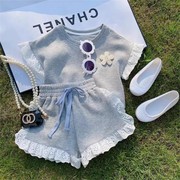 女童纯棉洋气休闲套装2024夏季女宝宝蕾丝短袖T恤短裤两件套