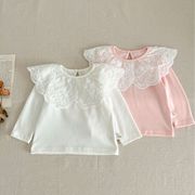 女宝宝韩版棉质打底衫可爱婴幼儿翻领上衣女童纯色蕾丝娃娃领T恤