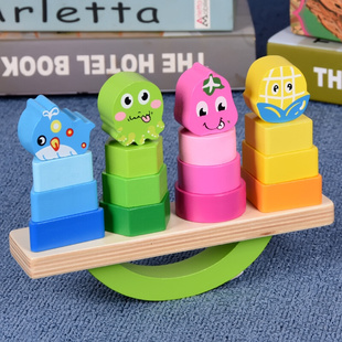 木制儿童动物水果平衡形状认知积木，套柱益智彩色叠叠乐堆塔玩具