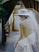 法式长款拖尾网纱新娘礼帽影楼旅拍摄影拍照帽子白色毛呢帽饰