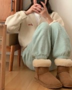Unique SEI韩版冬季保暖低饱和奶油薄荷毛绒绒软糯百搭卫裤收脚裤