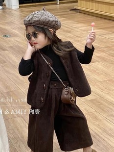韩国童装2023春夏女童灯芯绒套装儿童洋气复古马甲外套长裤两件套