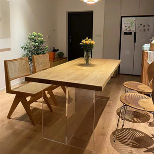 实木餐桌红橡木亚克力悬浮桌，实木大板长方形，北欧日式原木桌子定制