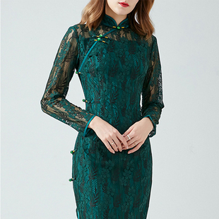 改良版立领旗袍墨绿色蕾丝，长袖修身包臀开叉连衣，裙子欧美大码女装
