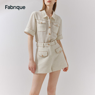 Fabrique海军风粗花呢金属扣短袖衬衫2023夏季芭比套装女上衣