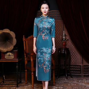 老上海真丝旗袍，2024年春秋长款七分袖大码妈妈，装日常复古国风