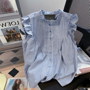 蓝色格子衬衫女短袖夏季薄款2024年设计感小众衬衣小飞袖上衣