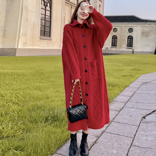 韩系慵懒风高龄毛衣女单，排扣红色毛衣，针织开衫中长款外套女秋冬厚