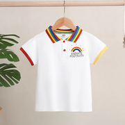 男女童短袖t恤夏装纯棉，洋气夏季白色半袖上衣，儿童彩虹翻领polo衫