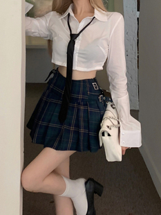 学院风jk制服套装，女春秋季辣妹白色长袖衬衫，格子百褶半身裙两件套