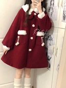 新年战袍韩系复古可爱少女甜美风减龄红色，呢子拼接毛领大衣外套女