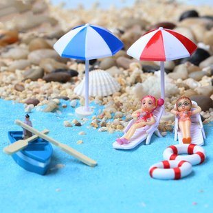 迷你太阳伞浆小船船锚沙滩椅，海滩风景苔藓微景观diy摆件素材