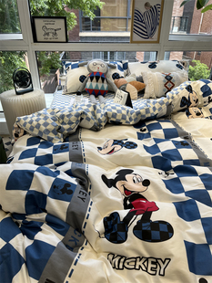 ins迪士尼格子米奇床上四件套，全棉纯棉1.5m米被套床单卡通三件套