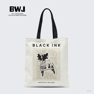 北欧ins风黑白抽象猫咪花朵布包包学生大容量小众环保收纳购物袋